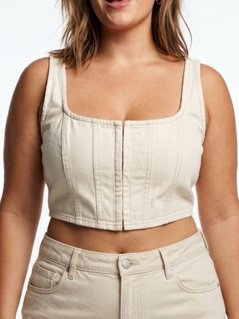 Lone Star Cream Denim Corset Top Hook Eye Smocked Back Square Neck Bustier Crop